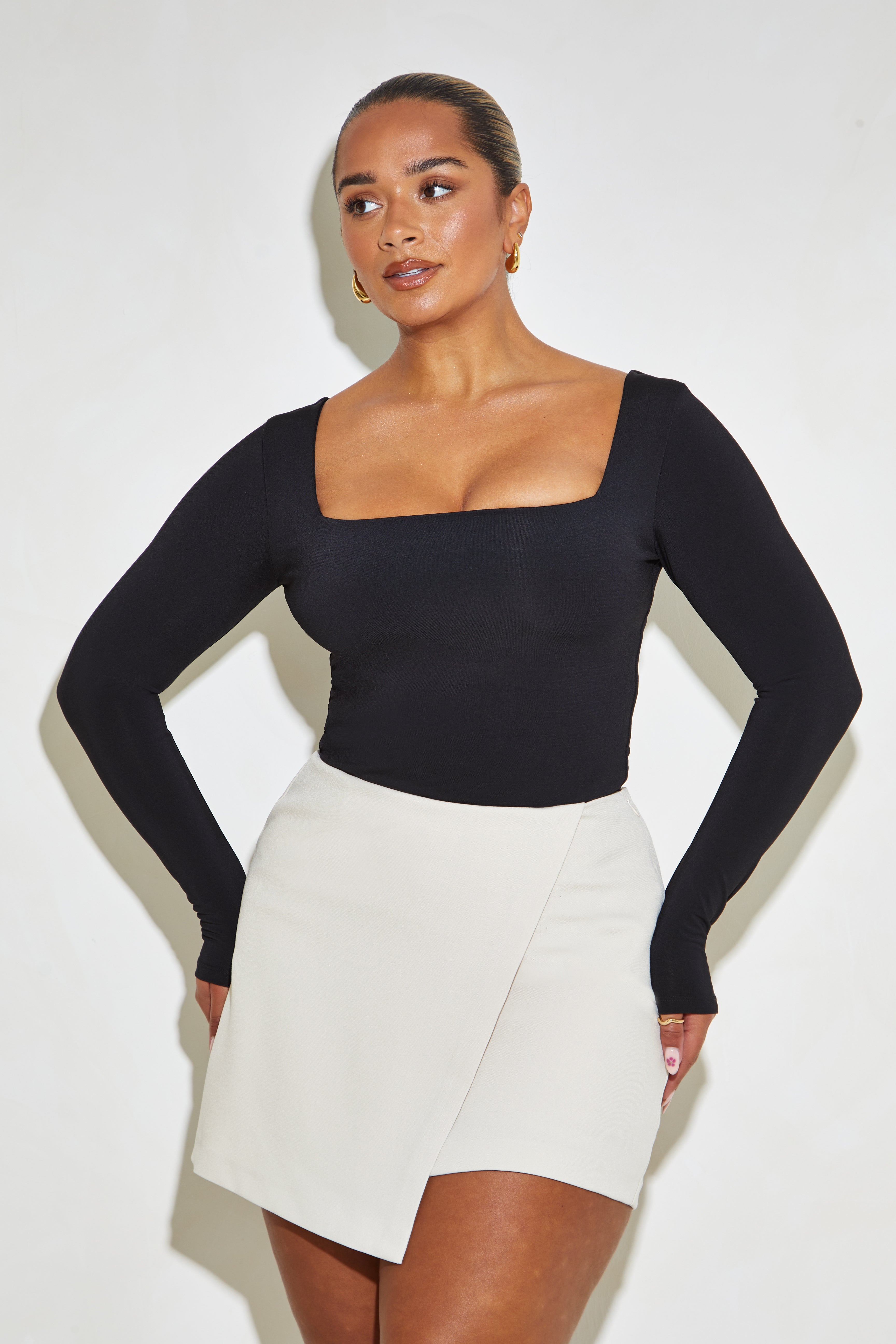 Chic Black Long Sleeve Square Neck Bodysuit with Tummy Control - 'Charlie'