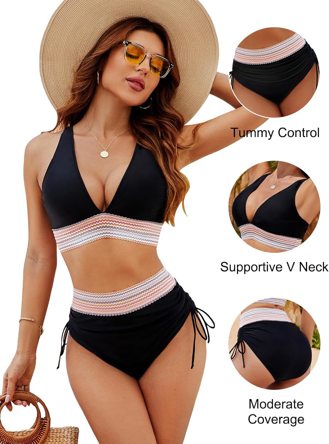 Stylish High Waisted Color Block Bikini Sets with Tummy Control