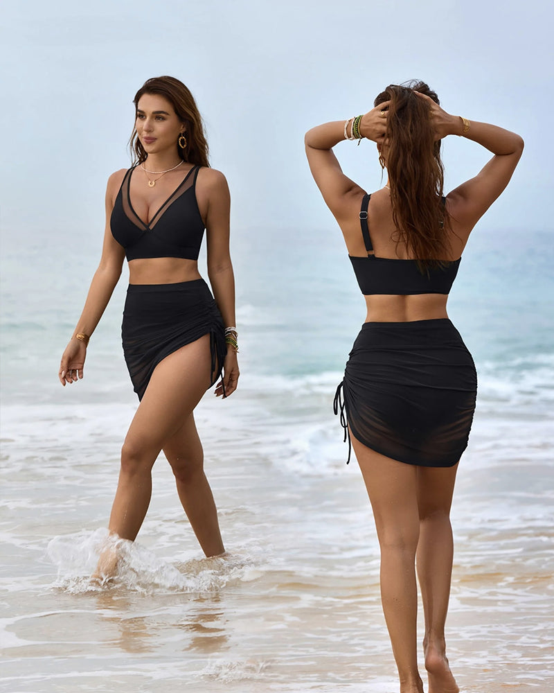 High Waisted Mesh Tummy Control Sarong Bikini Set for a Flattering Look