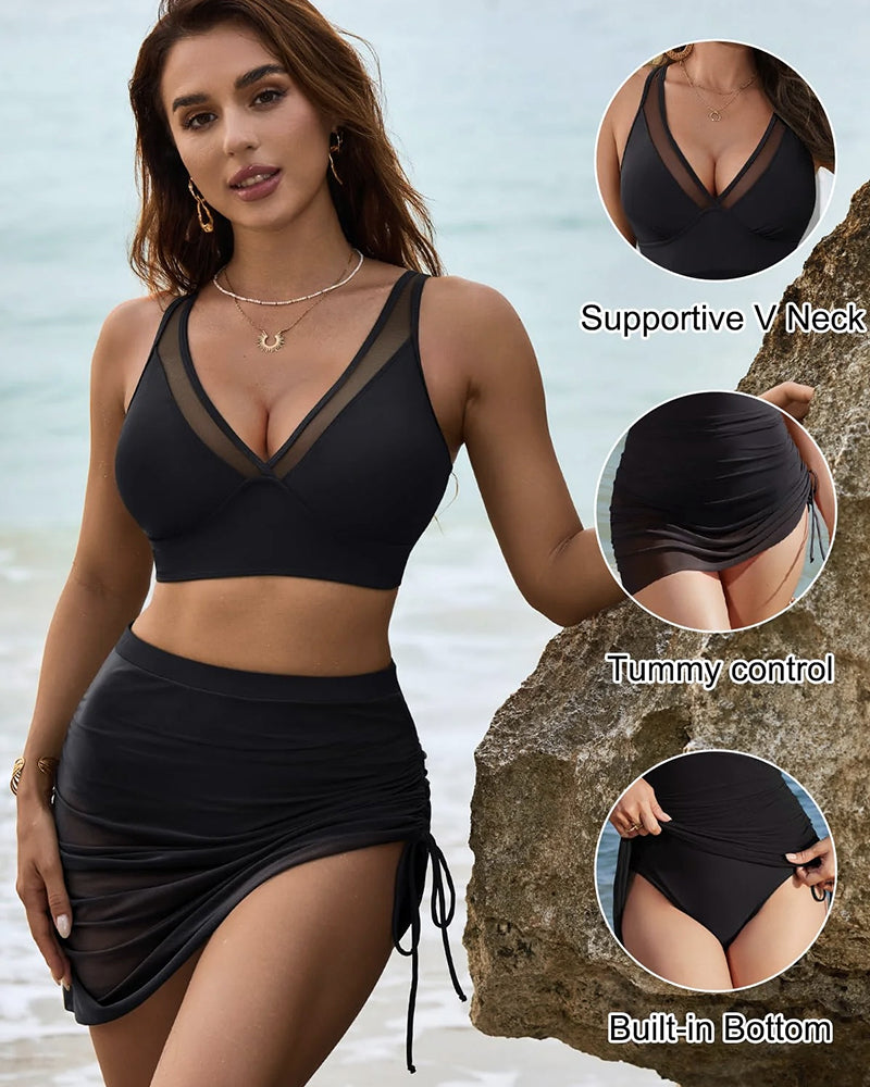 High Waisted Mesh Tummy Control Sarong Bikini Set for a Flattering Look