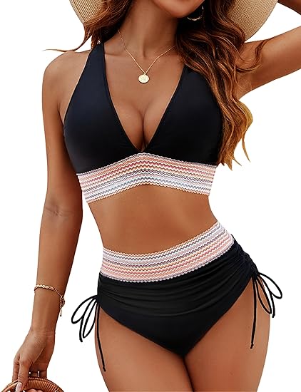 Stylish High Waisted Color Block Bikini Sets with Tummy Control