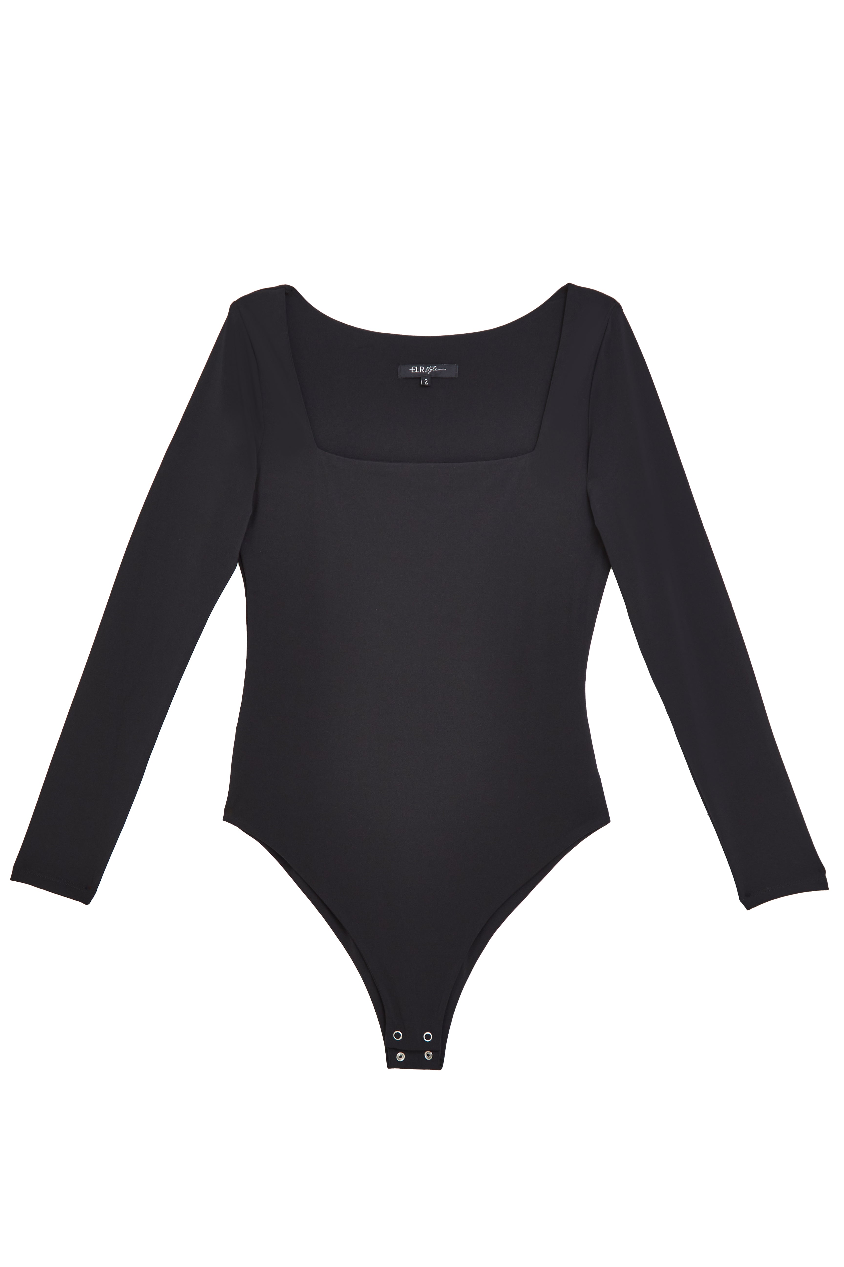 Chic Black Long Sleeve Square Neck Bodysuit with Tummy Control - 'Charlie'