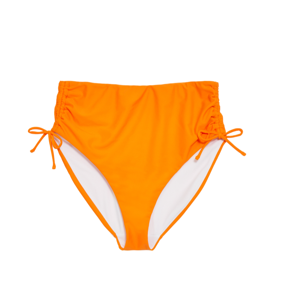 Stylish Orange High-Waisted Bikini Bottoms with Adjustable Ruching Design