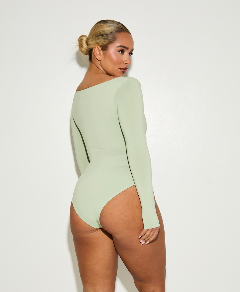 Chic Long Sleeve Square Neck 'Charlie' Bodysuit with Tummy Control - Matcha Green