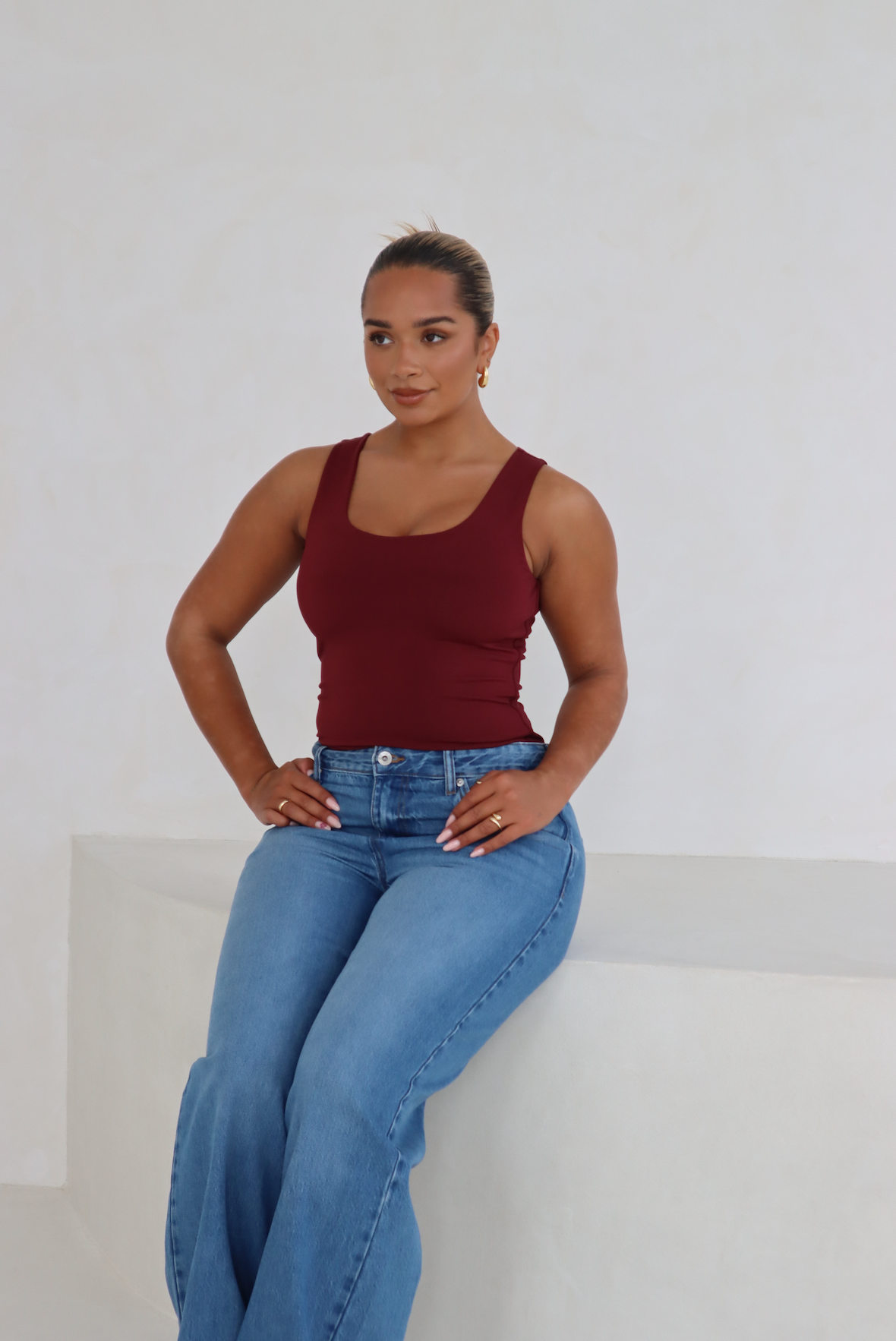 Elegantly Plunging Scoop Neck Sleeveless 'Joy' Bodysuit in Zinfandel