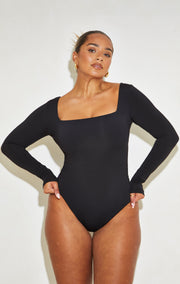 Chic Black Long Sleeve Square Neck Bodysuit with Tummy Control - 'Charlie'