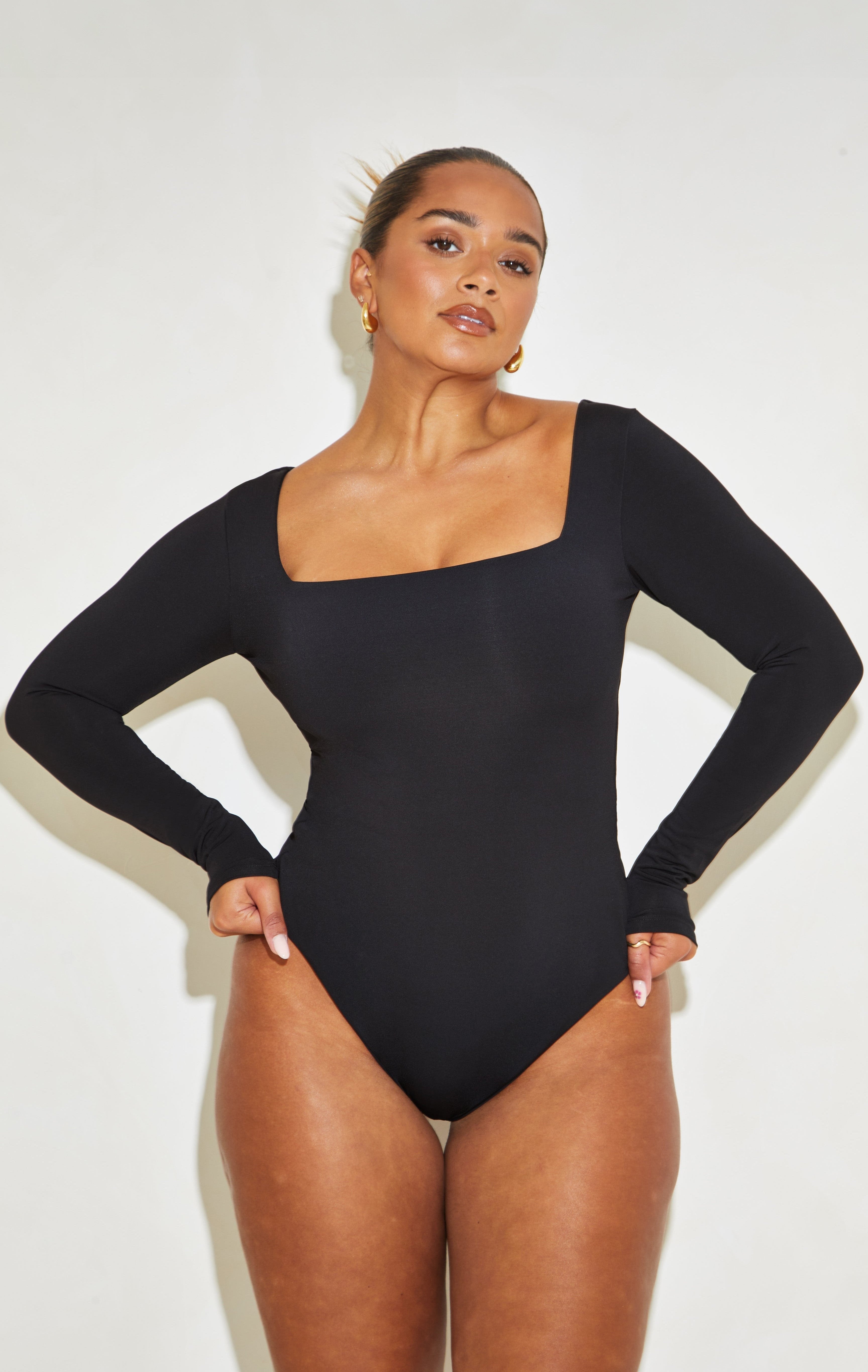 Chic Black Long Sleeve Square Neck Bodysuit with Tummy Control - 'Charlie'