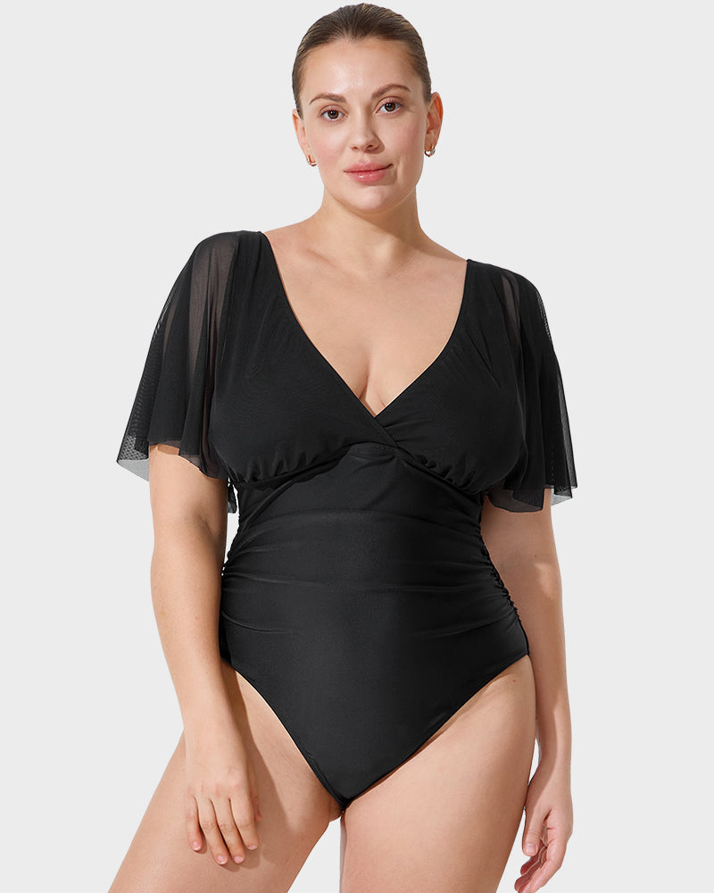 Stunning Deep V Mesh Ruffle Sleeve One-Piece Swimsuit for a Flawless Beach Look