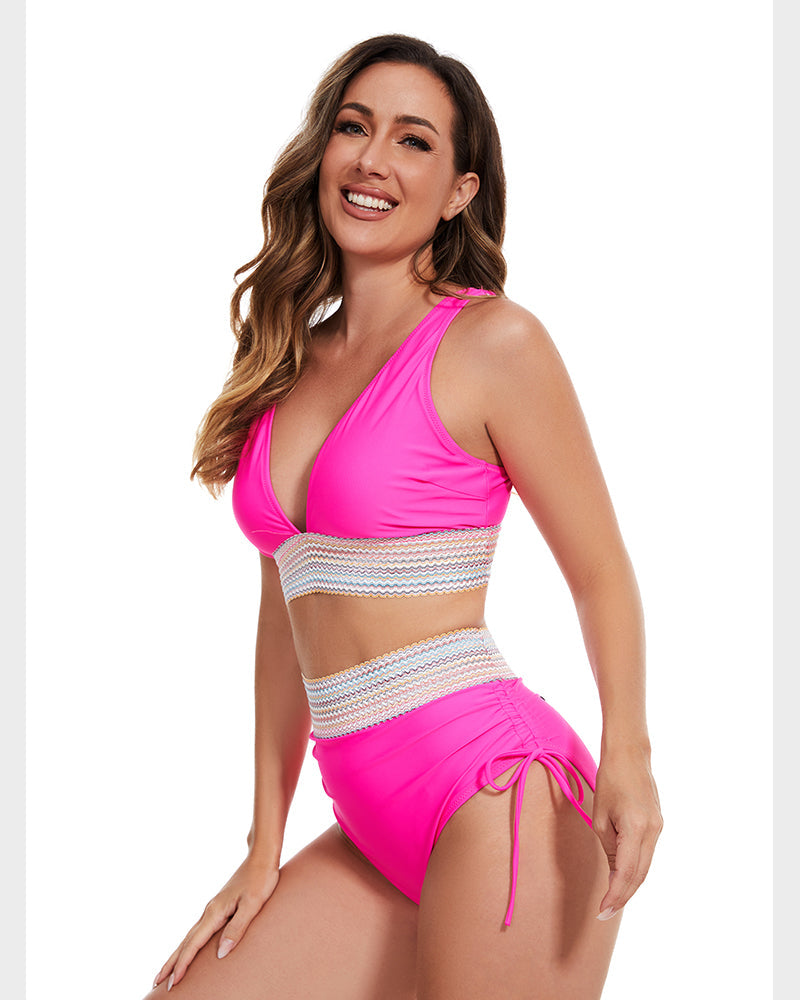 Stylish High Waisted Color Block Bikini Sets with Tummy Control