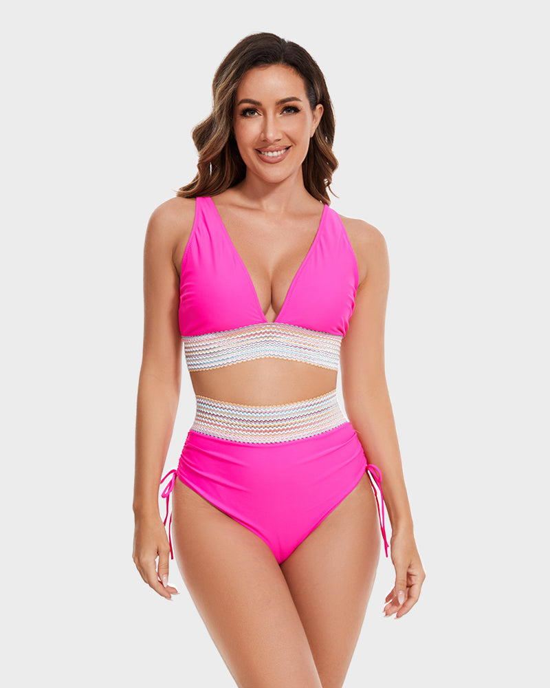 Stylish High Waisted Color Block Bikini Sets with Tummy Control