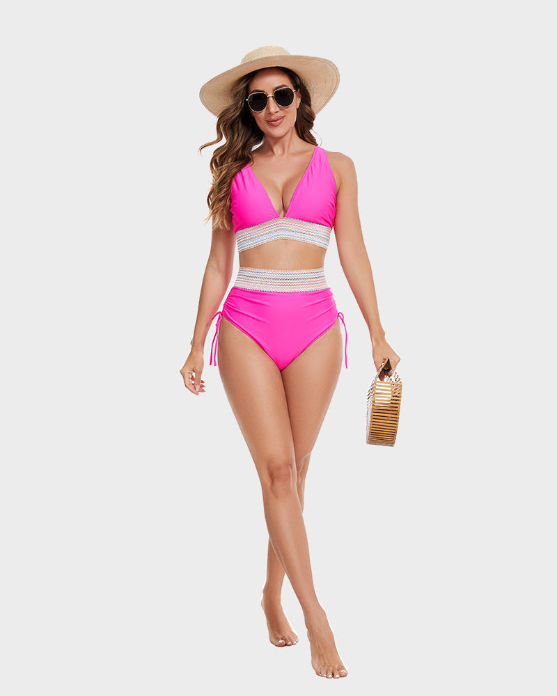 Stylish High Waisted Color Block Bikini Sets with Tummy Control