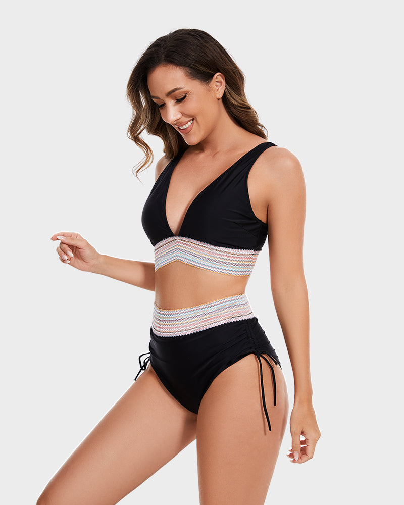 Stylish High Waisted Color Block Bikini Sets with Tummy Control