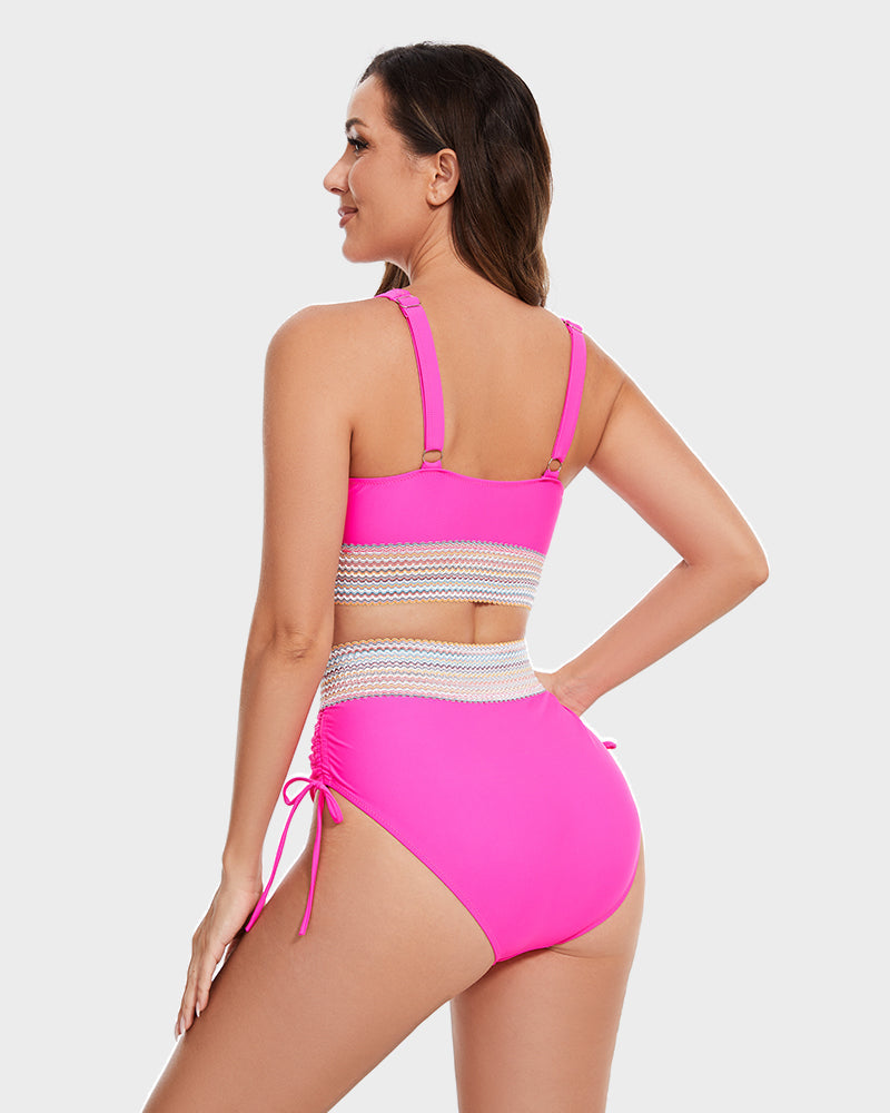 Stylish High Waisted Color Block Bikini Sets with Tummy Control